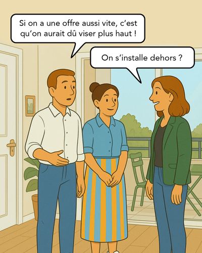 L'agent immobilier tente d'expliquer au couple que cette offre rapide est le signe d'un bon positionnement, pas d'un prix trop bas