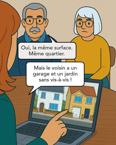 L'agent immobilier commence à comparer les deux biens en détail : surface, état, exposition, agencement...