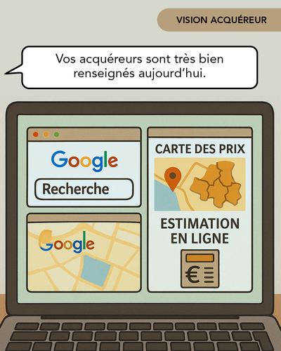 Vision acquéreur : un écran d'ordinateur affichant Google Recherche, une carte des prix immobiliers et un outil d'estimation en ligne — « Vos acquéreurs sont très bien renseignés aujourd'hui »
