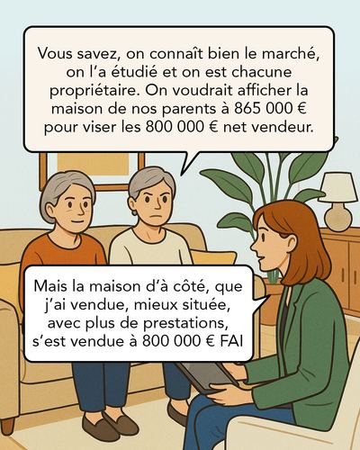 Un couple de vendeurs satisfait discute avec un agent immobilier : ils pensent que leur prix élevé n'est pas un problème pour un acheteur vraiment motivé