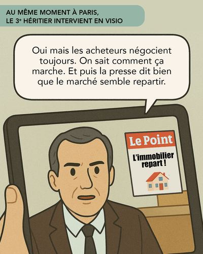 L'agent immobilier explique la réalité du marché au couple, visiblement surpris par ce qu'elle leur dit