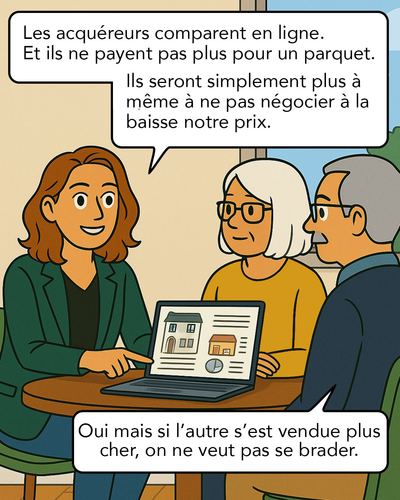L'agent explique que le prix du voisin peut être une piste de référence, mais pas un plancher automatique pour leur bien